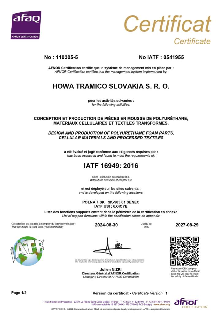 Certificat IATF16949 Howa Tramico - Senec