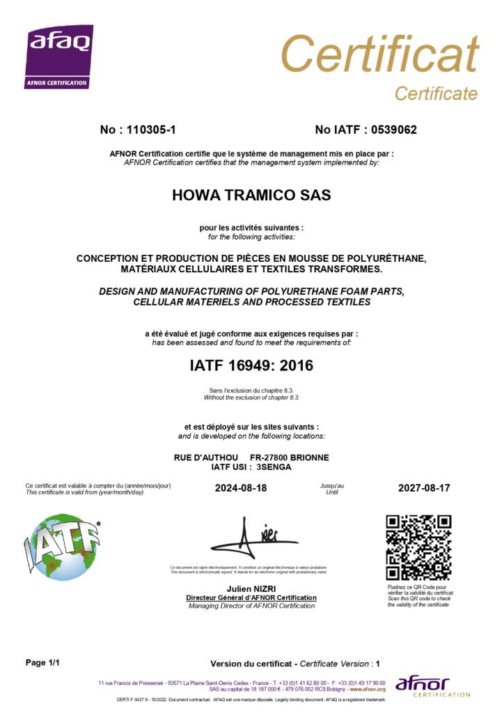 Certificat IATF16949 Howa Tramico - Brionne