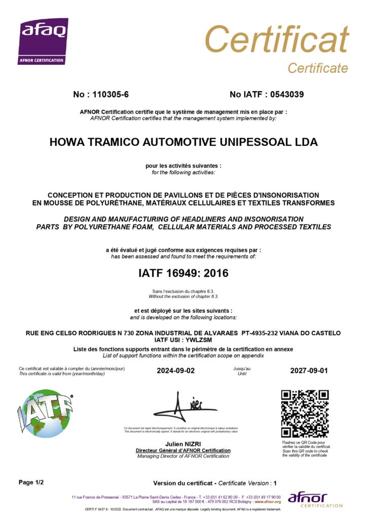 Certificat IATF16949 Howa Tramico - Viana