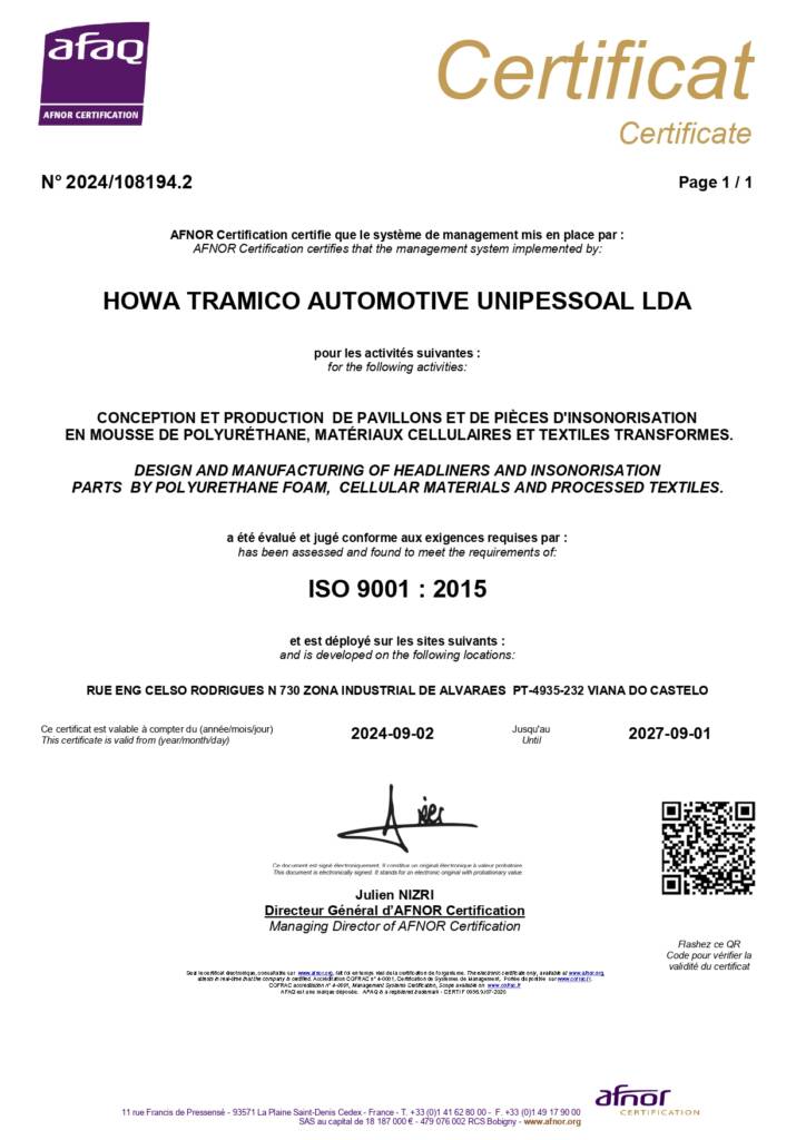 Certificat ISO9001 Howa Tramico - Viana