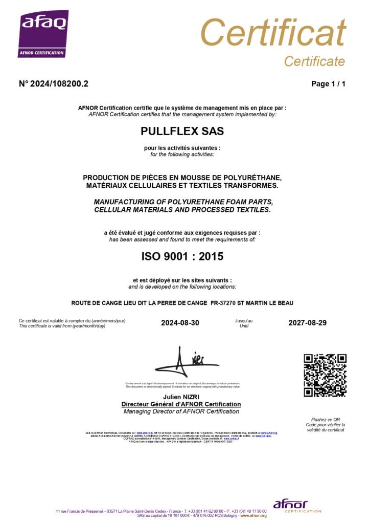 Certificat ISO9001 Howa Tramico - Pullflex